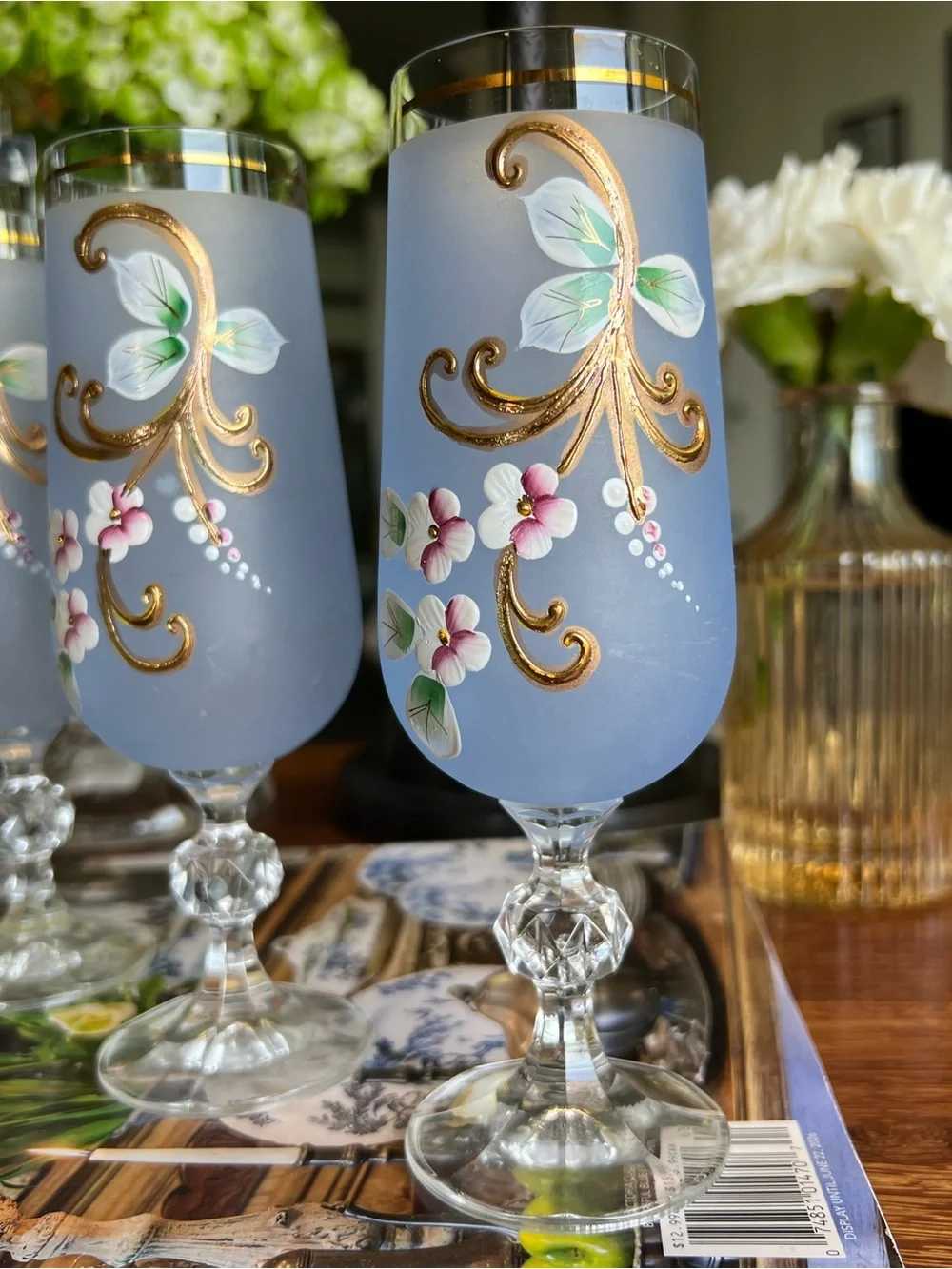 Vtg Czech Crystal Blue Frosted Floral Champagne Glasses - Set of 4